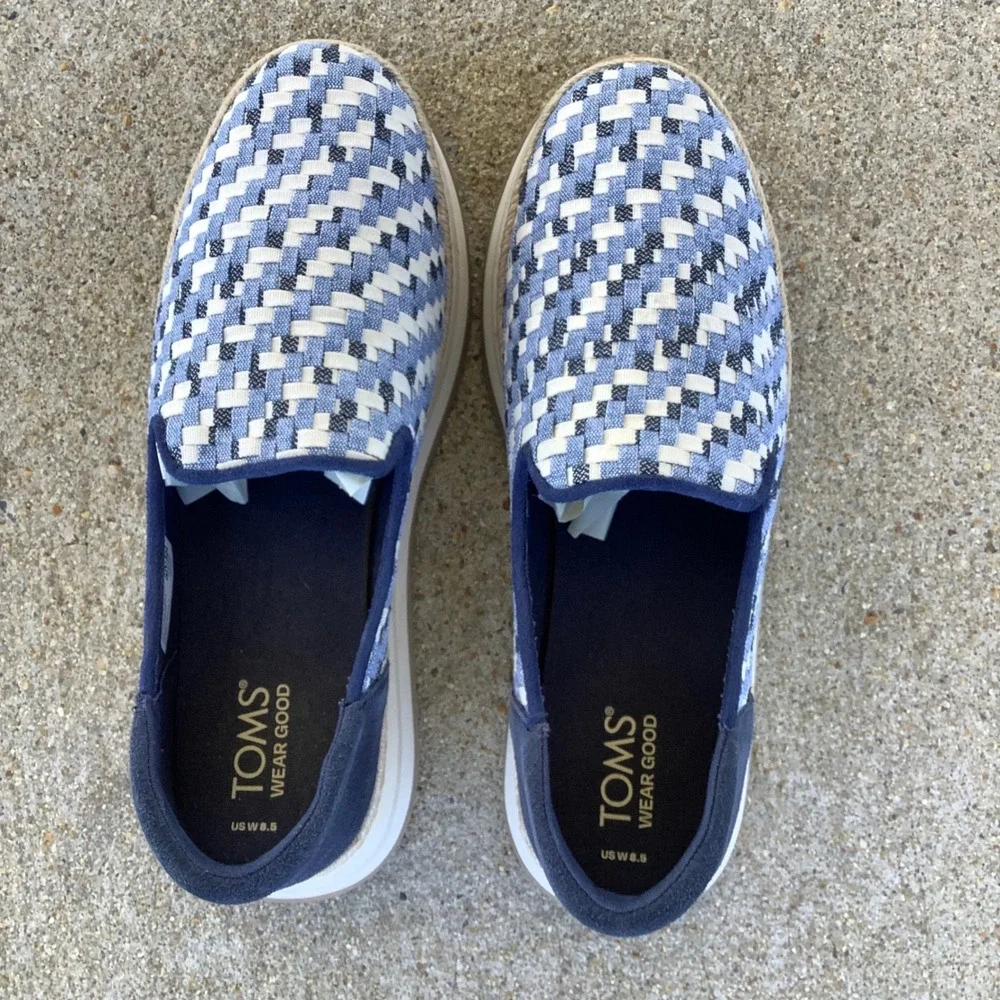 TOMS Alpargata Mallow Mule Espadrilles Blue White Woven Platform Shoes Women 8.5